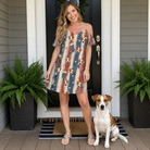 Full-length photo with the pet printed all over this Women's Christmas Cuffs Custom Dog Face Off-Shoulder Dress