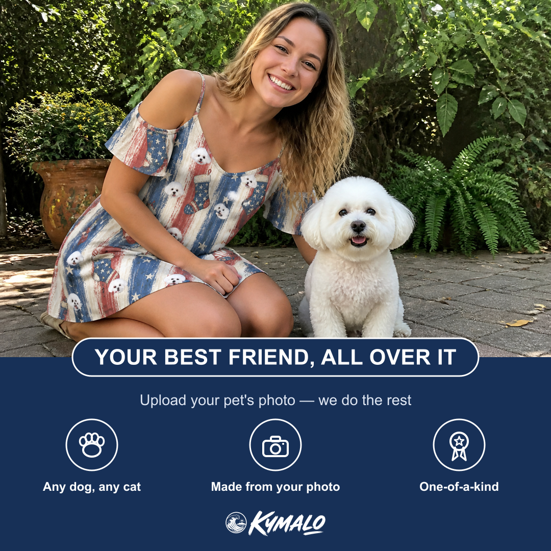 Friends in matching Women's Christmas Cuffs Custom Dog Face Off-Shoulder Dress — a group gift photo