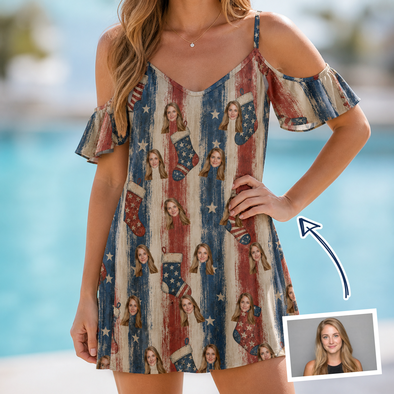 Woman wearing Women's Christmas Cuffs Custom Face Off-Shoulder Dress — custom faces printed all-over
