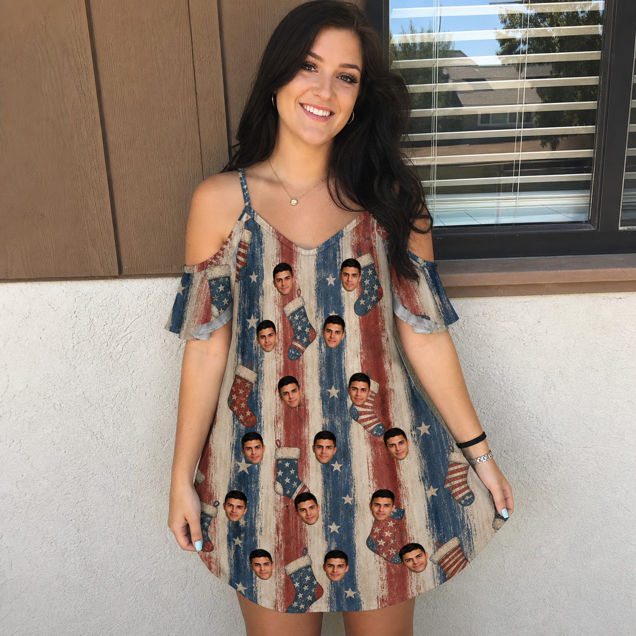 Real-life photo of someone wearing Women's Christmas Cuffs Custom Face Off-Shoulder Dress — custom faces printed all-over