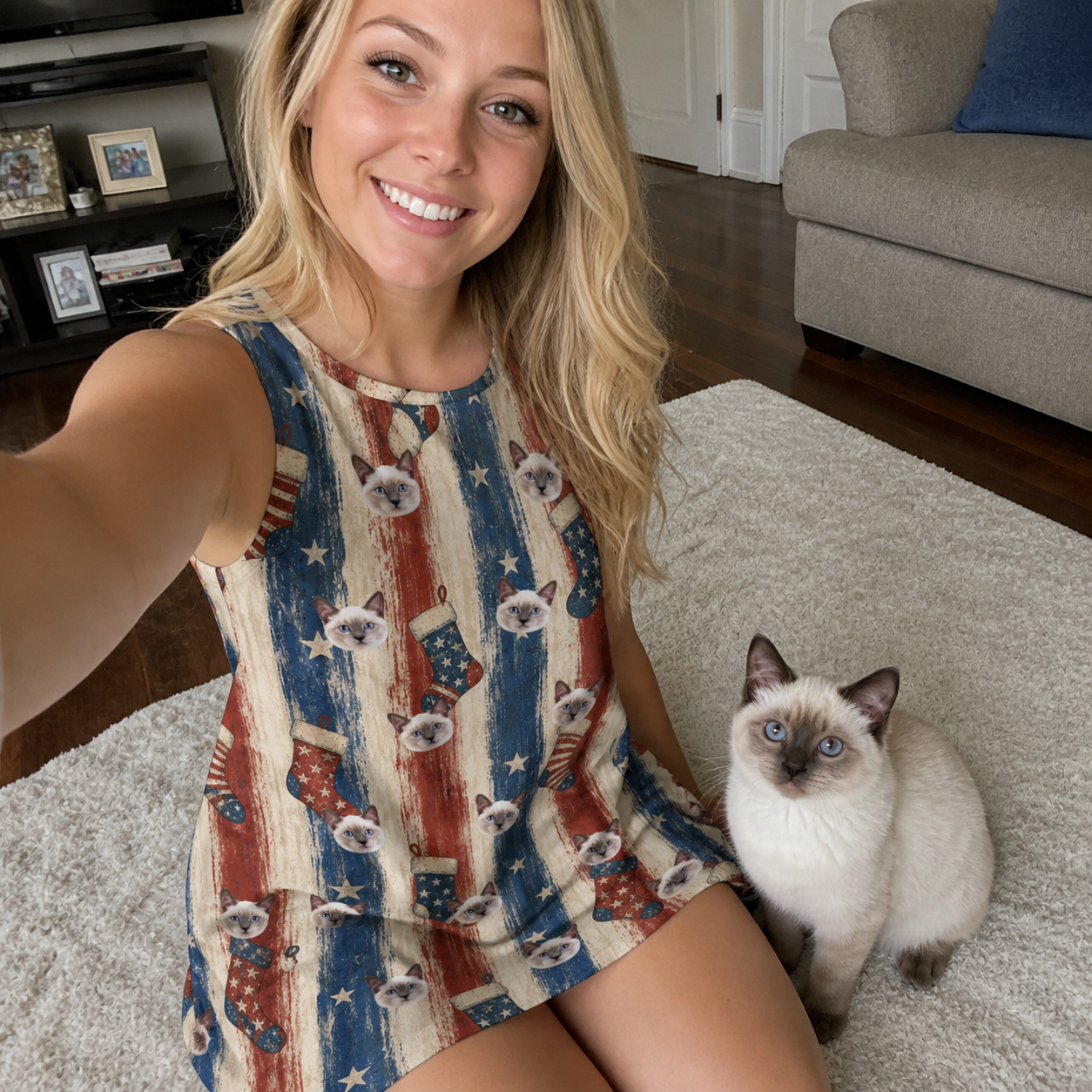 Selfie with the pet whose face is printed all over this Women's Christmas Cuffs Custom Cat Face Tank Dress