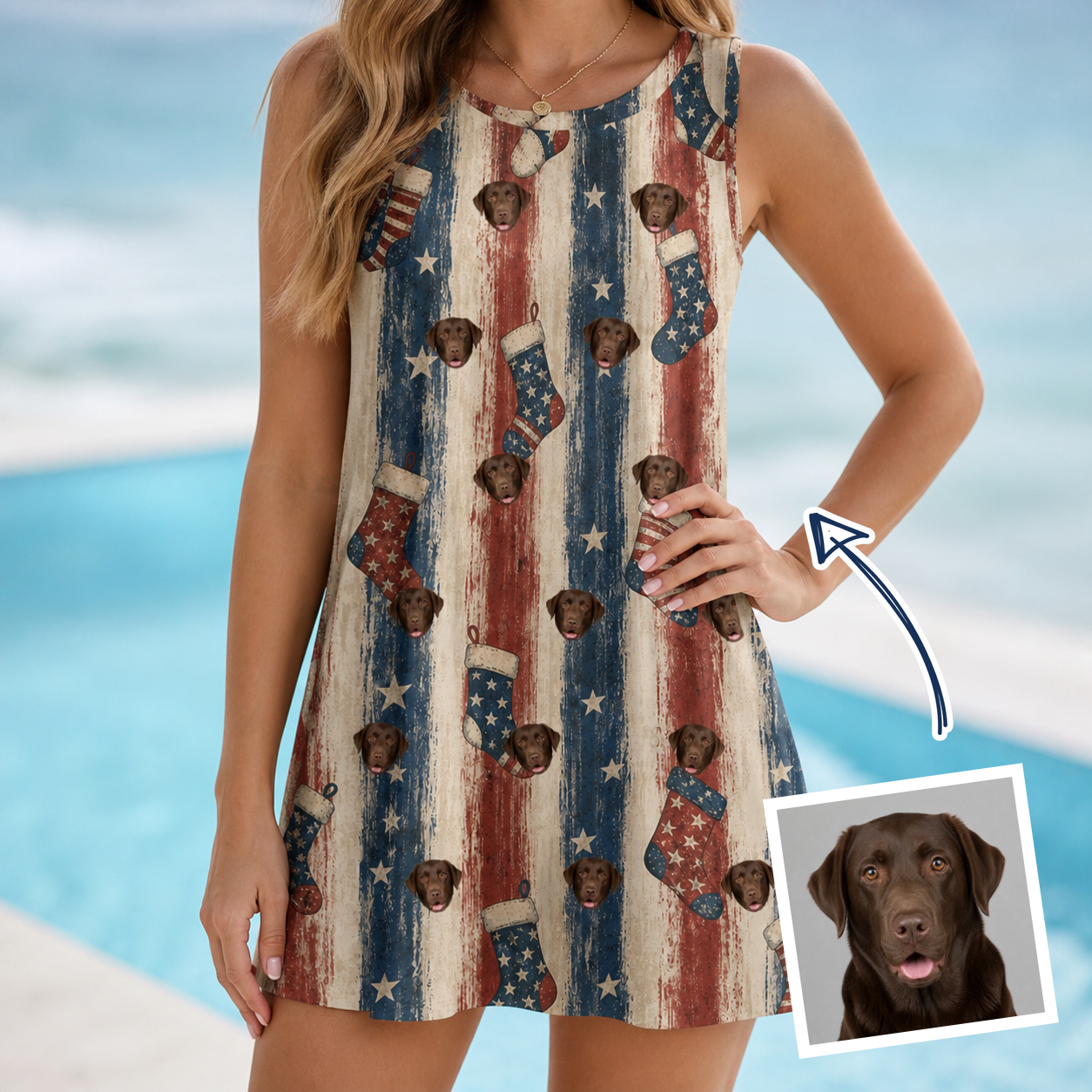 Woman wearing Women's Christmas Cuffs Custom Dog Face Tank Dress — custom faces printed all-over