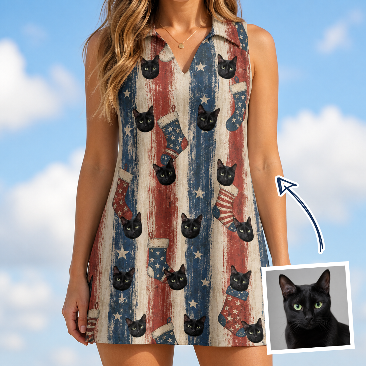 Woman wearing Women's Christmas Cuffs Custom Cat Face V-Neck Dress — custom faces printed all-over