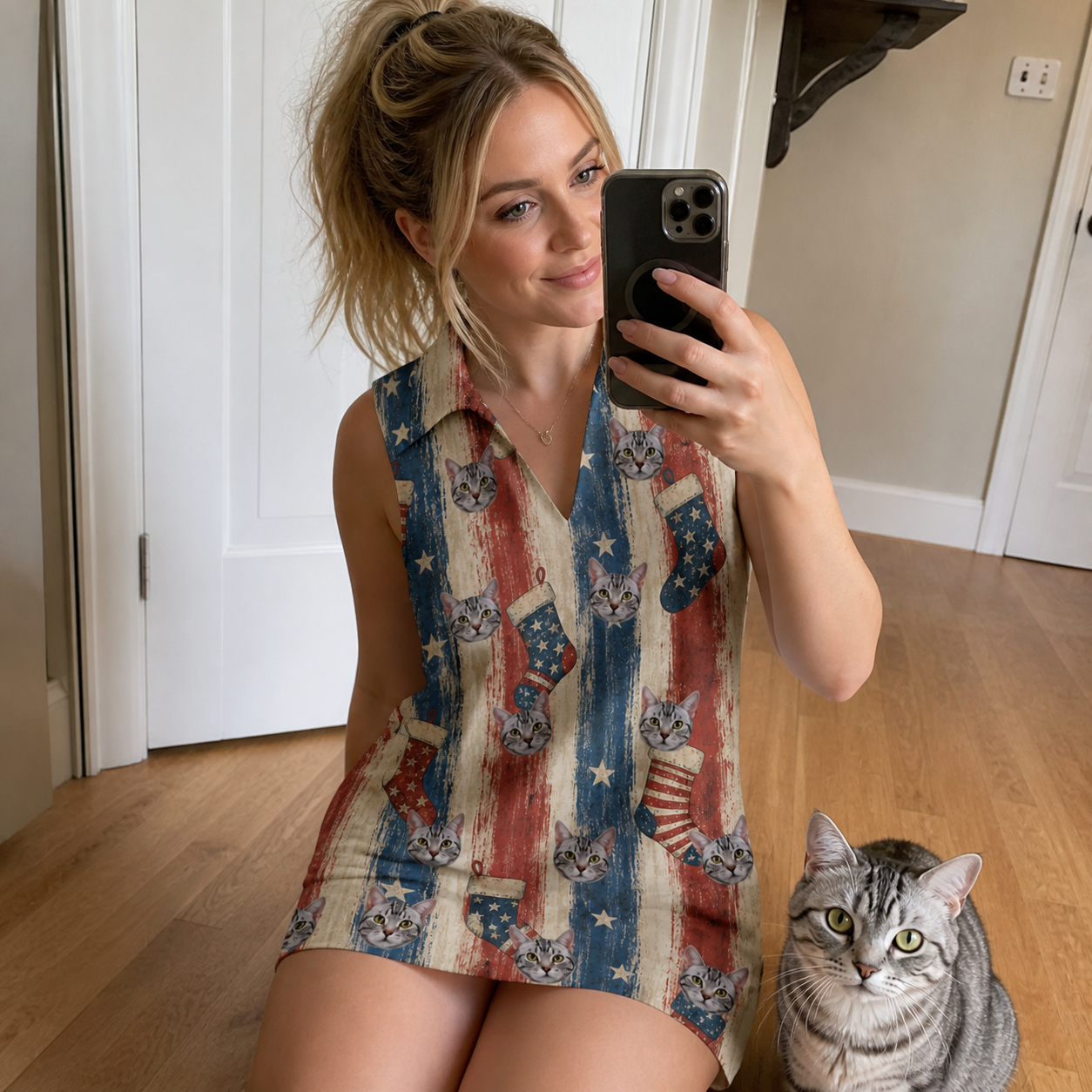 Selfie with the pet whose face is printed all over this Women's Christmas Cuffs Custom Cat Face V-Neck Dress