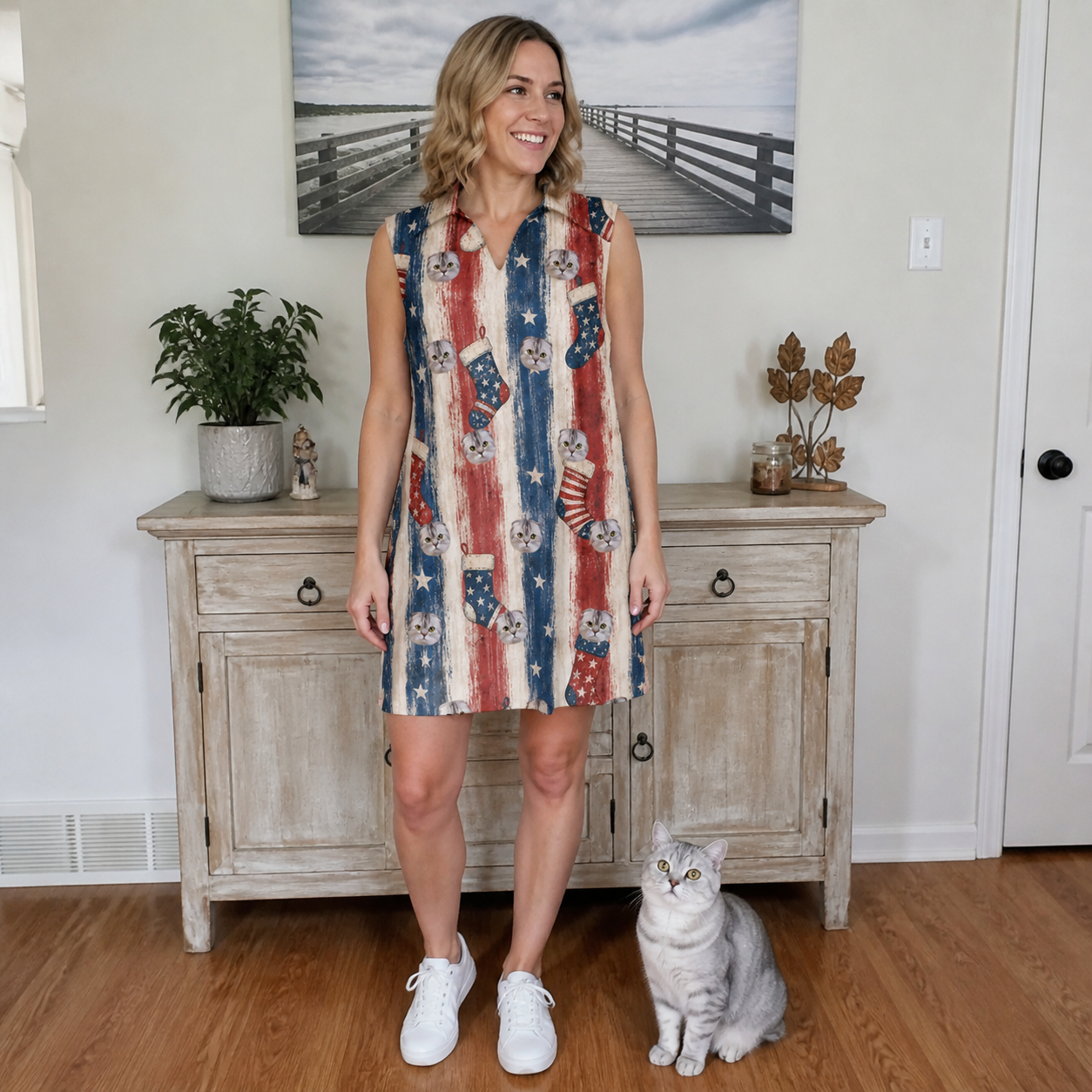 Full-length photo with the pet printed all over this Women's Christmas Cuffs Custom Cat Face V-Neck Dress