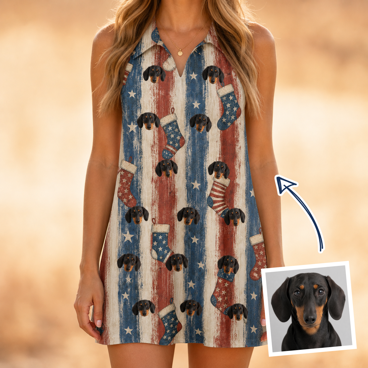 Woman wearing Women's Christmas Cuffs Custom Dog Face V-Neck Dress — custom faces printed all-over