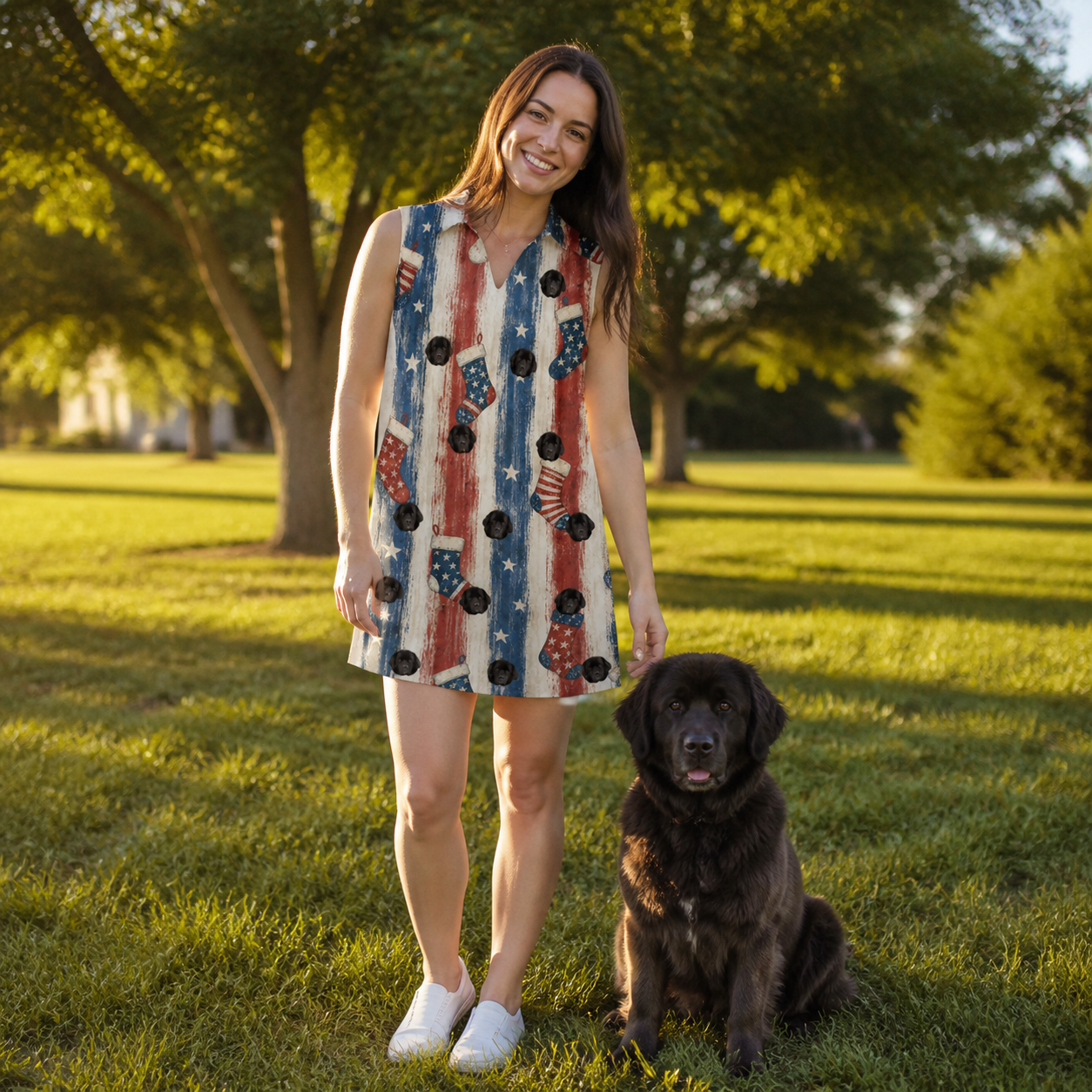 Full-length photo with the pet printed all over this Women's Christmas Cuffs Custom Dog Face V-Neck Dress