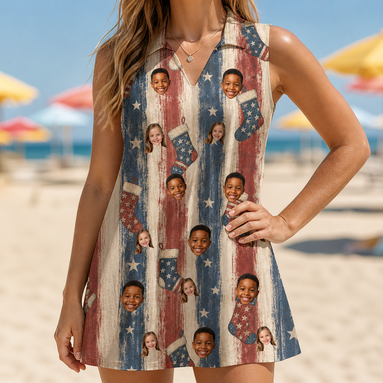 Model wearing Women's Christmas Cuffs Custom Face V-Neck Dress printed with kids' faces