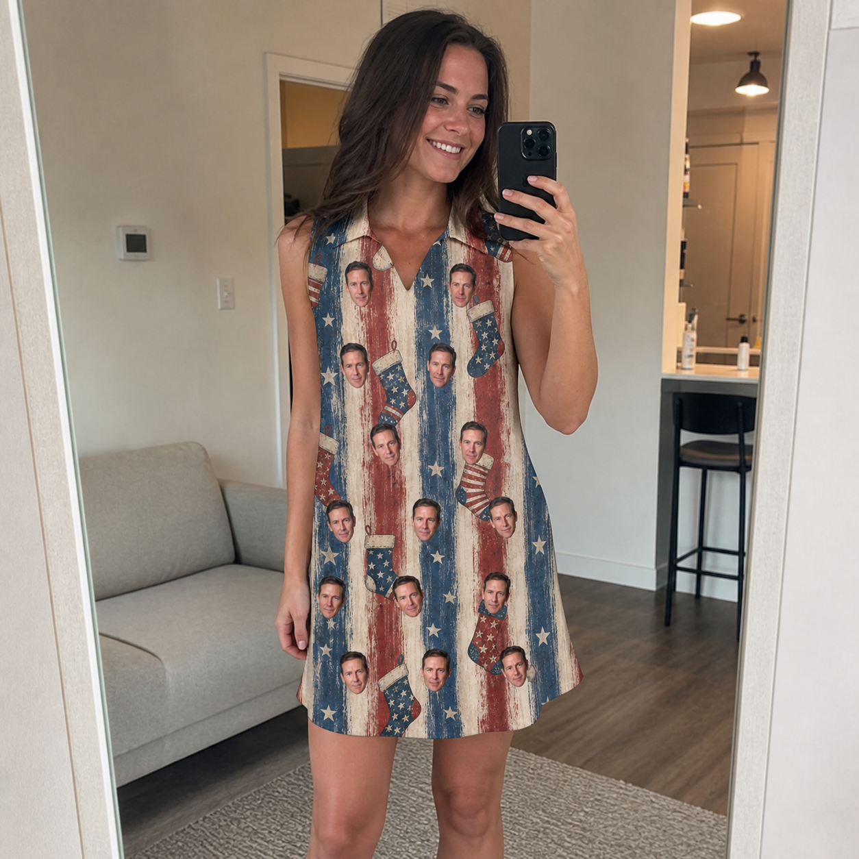 Real-life photo of someone wearing Women's Christmas Cuffs Custom Face V-Neck Dress — custom faces printed all-over