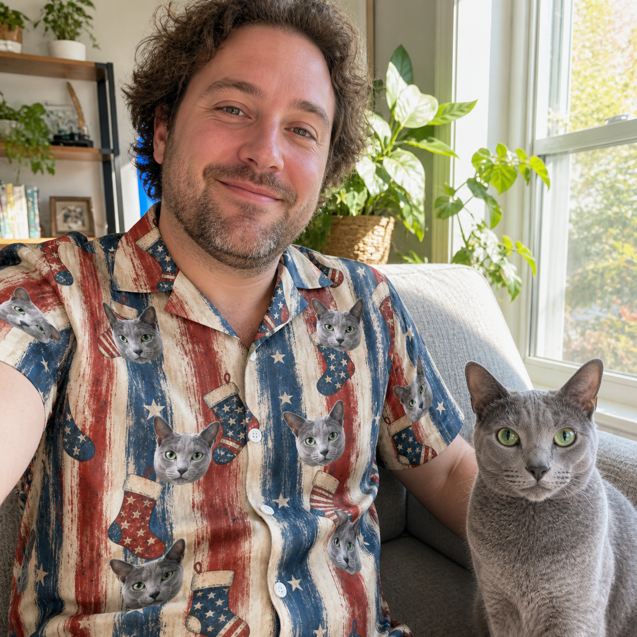 Selfie with the pet whose face is printed all over this Men's Christmas Cuffs Custom Cat Face Hawaiian Shirt