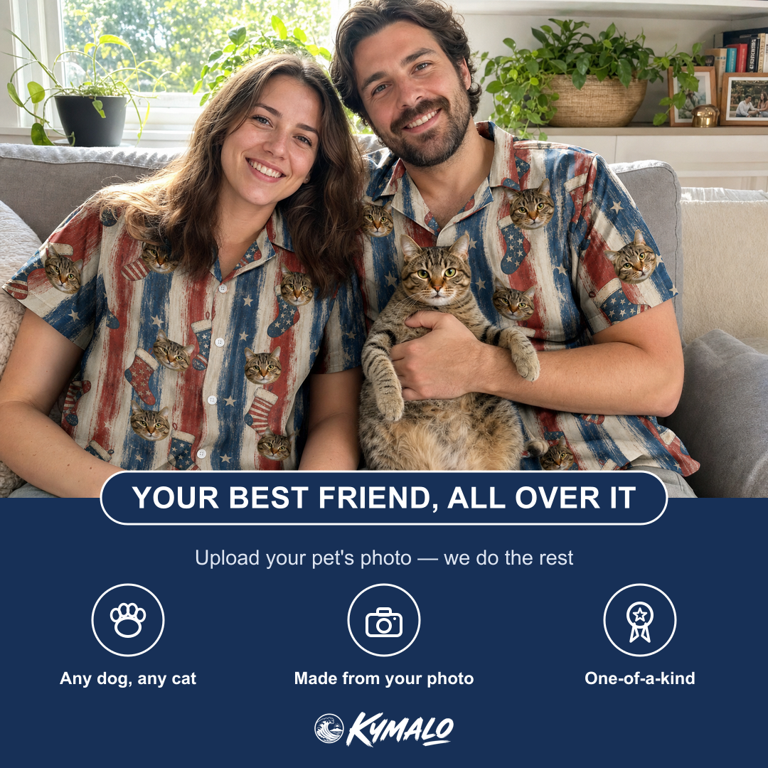 Friends in matching Men's Christmas Cuffs Custom Cat Face Hawaiian Shirt — a group gift photo