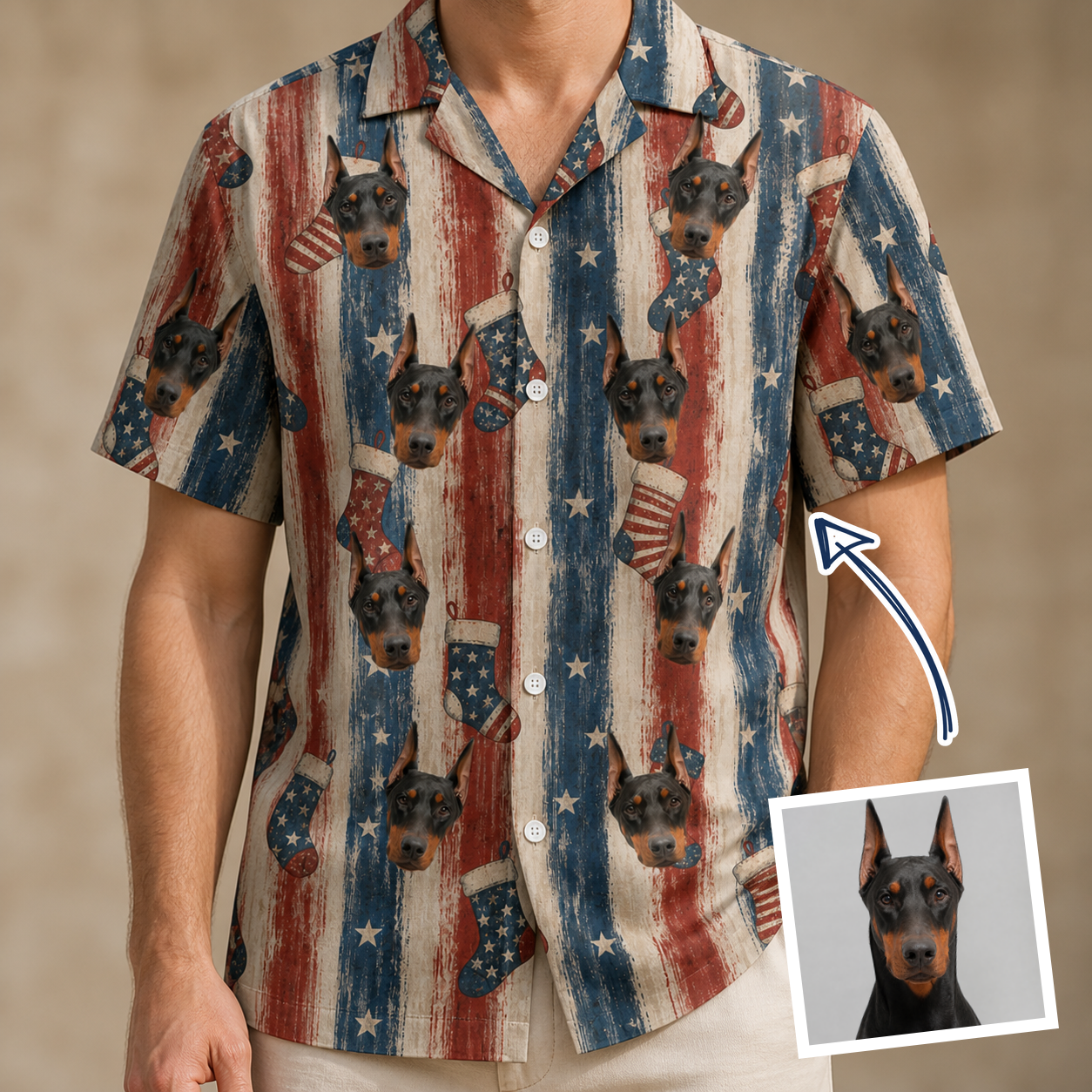Man wearing Men's Christmas Cuffs Custom Dog Face Hawaiian Shirt — custom faces printed all-over