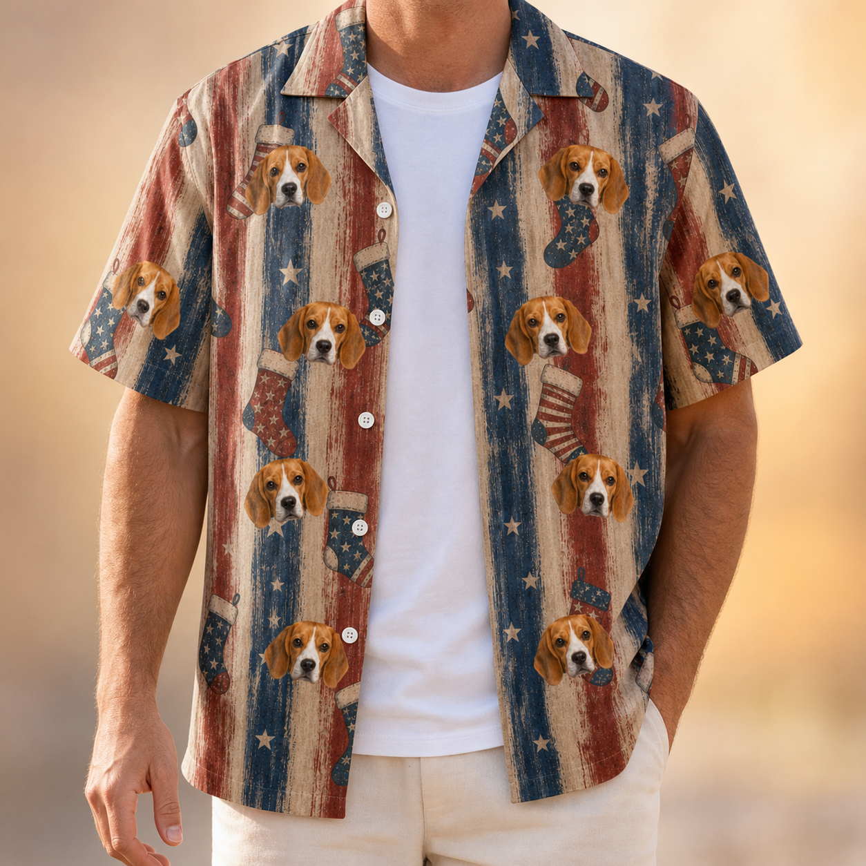 Man wearing Men's Christmas Cuffs Custom Dog Face Hawaiian Shirt open over a white tee