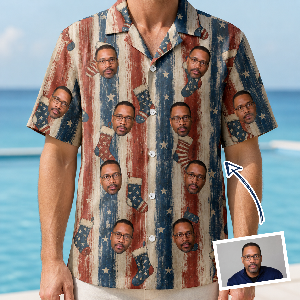 Man wearing Men's Christmas Cuffs Custom Face Hawaiian Shirt — custom faces printed all-over