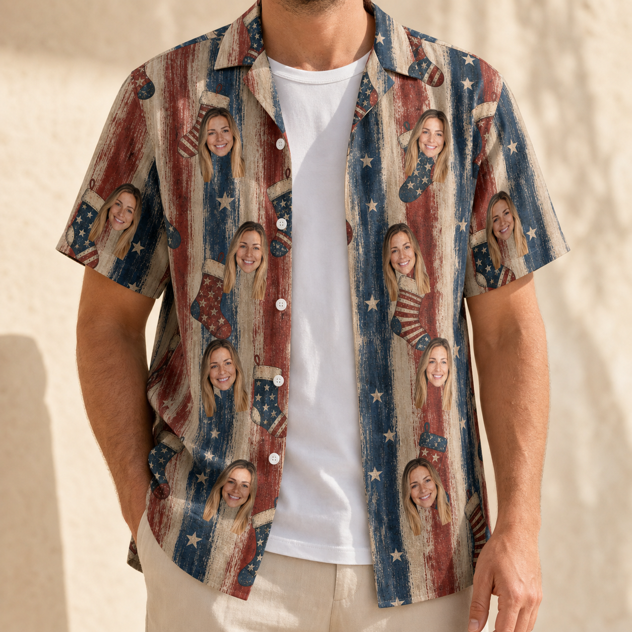 Man wearing Men's Christmas Cuffs Custom Face Hawaiian Shirt open over a white tee
