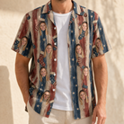 Man wearing Men's Christmas Cuffs Custom Face Hawaiian Shirt open over a white tee