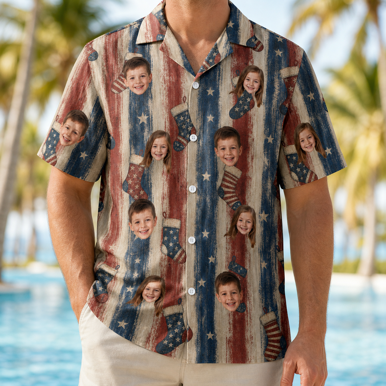 Model wearing Men's Christmas Cuffs Custom Face Hawaiian Shirt printed with kids' faces