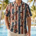 Model wearing Men's Christmas Cuffs Custom Face Hawaiian Shirt printed with kids' faces