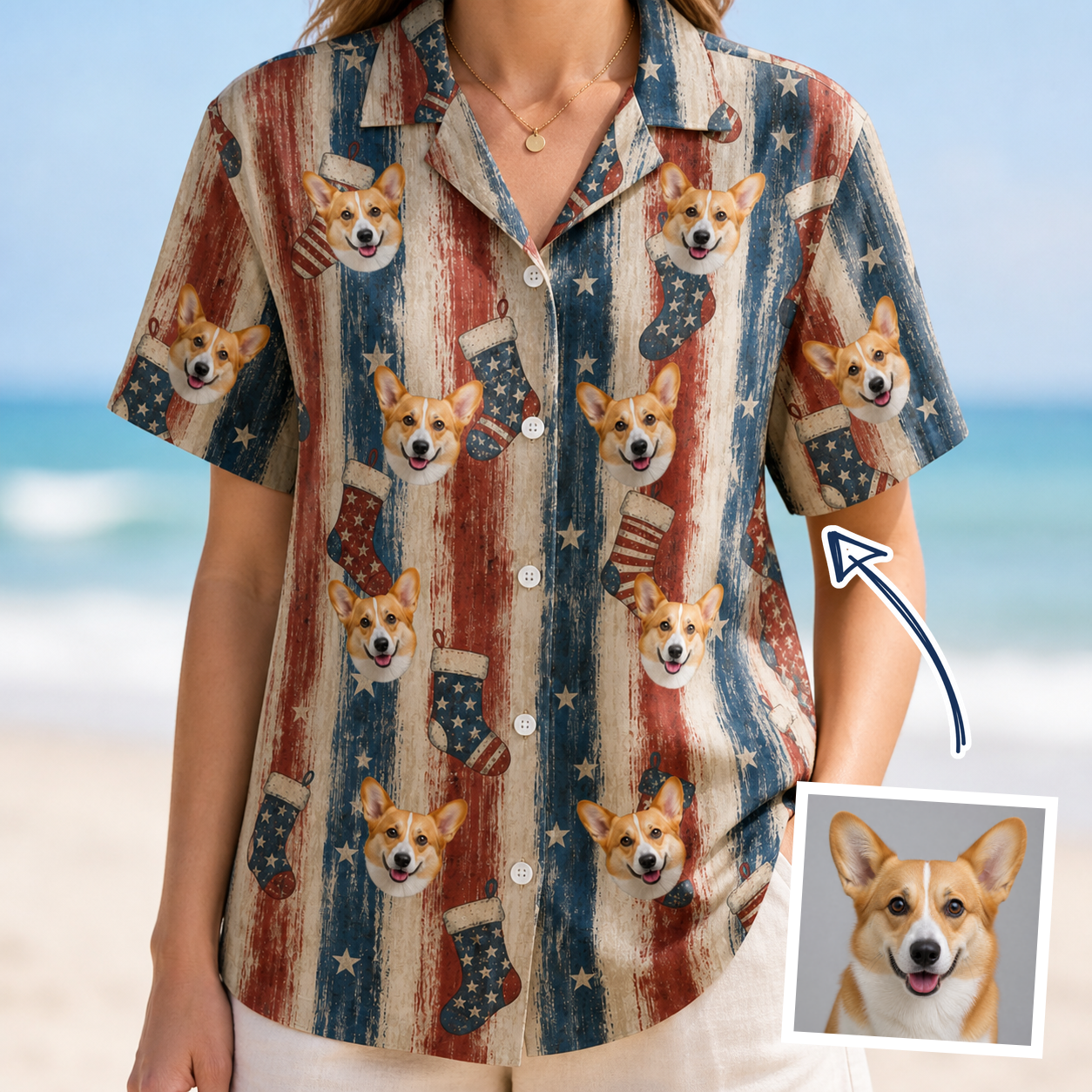 Woman wearing Women's Christmas Cuffs Custom Dog Face Hawaiian Shirt — custom faces printed all-over