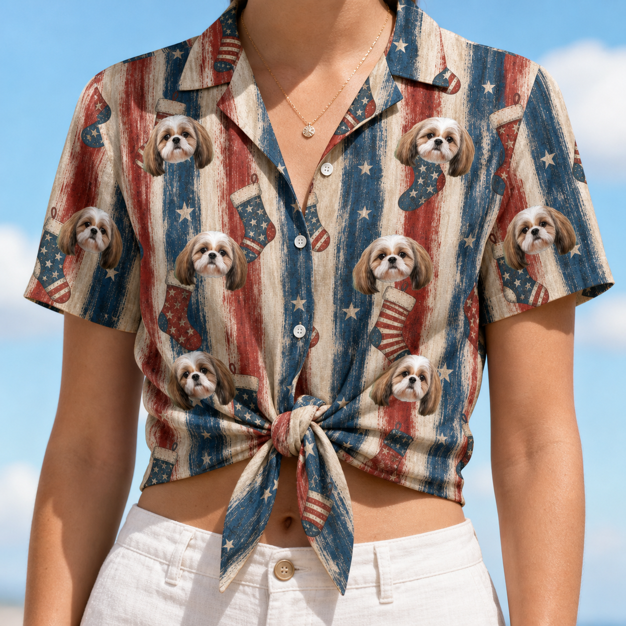 Woman wearing Women's Christmas Cuffs Custom Dog Face Hawaiian Shirt tied at the waist