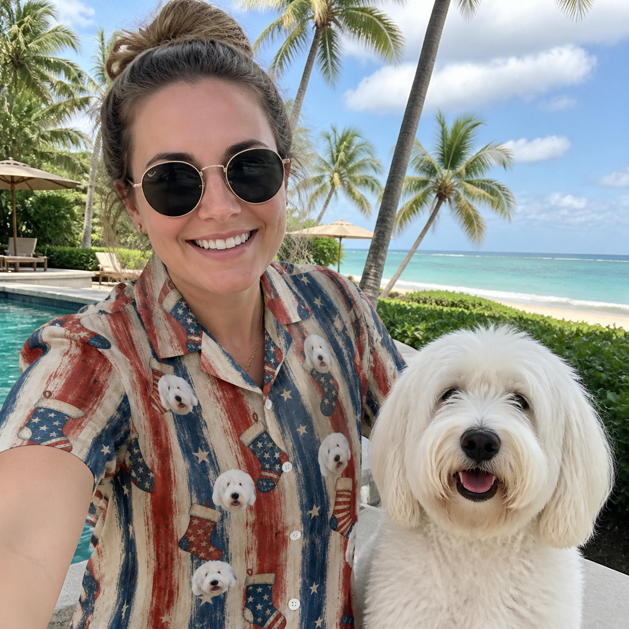 Selfie with the pet whose face is printed all over this Women's Christmas Cuffs Custom Dog Face Hawaiian Shirt
