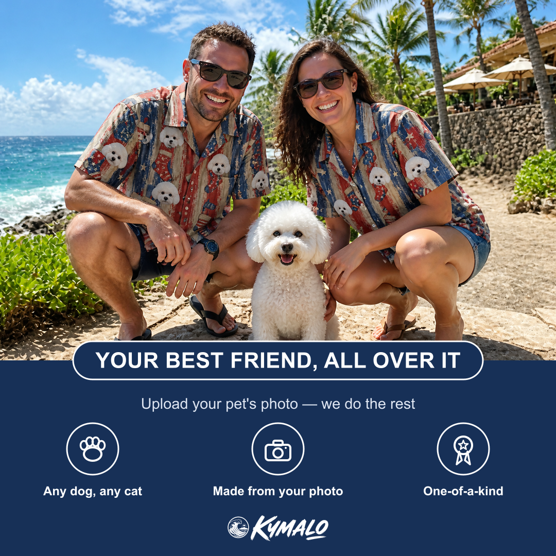 Friends in matching Women's Christmas Cuffs Custom Dog Face Hawaiian Shirt — a group gift photo