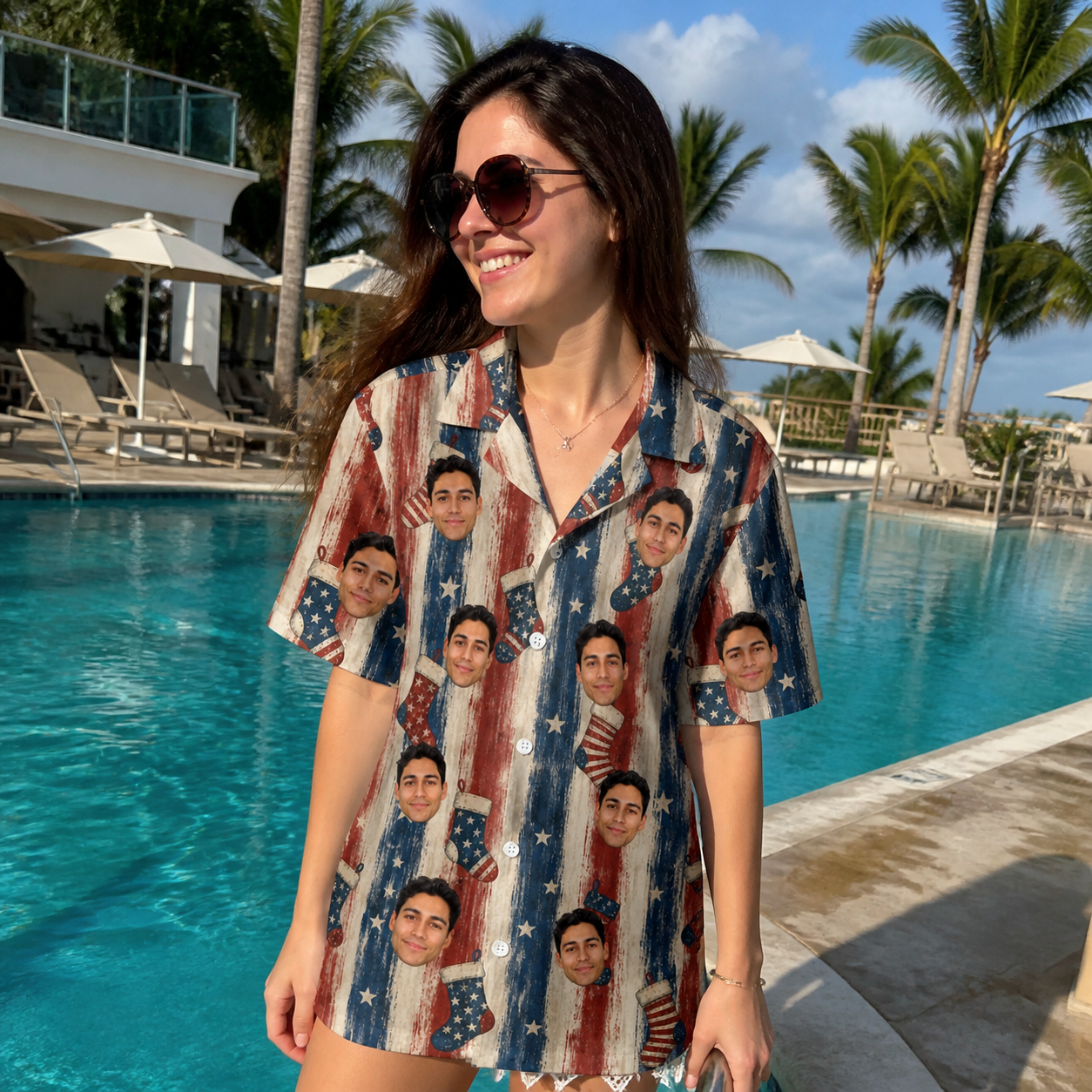 Real-life photo of someone wearing Women's Christmas Cuffs Custom Face Hawaiian Shirt — custom faces printed all-over