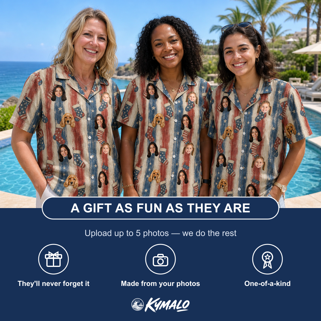 Friends in matching Women's Christmas Cuffs Custom Face Hawaiian Shirt — a group gift photo