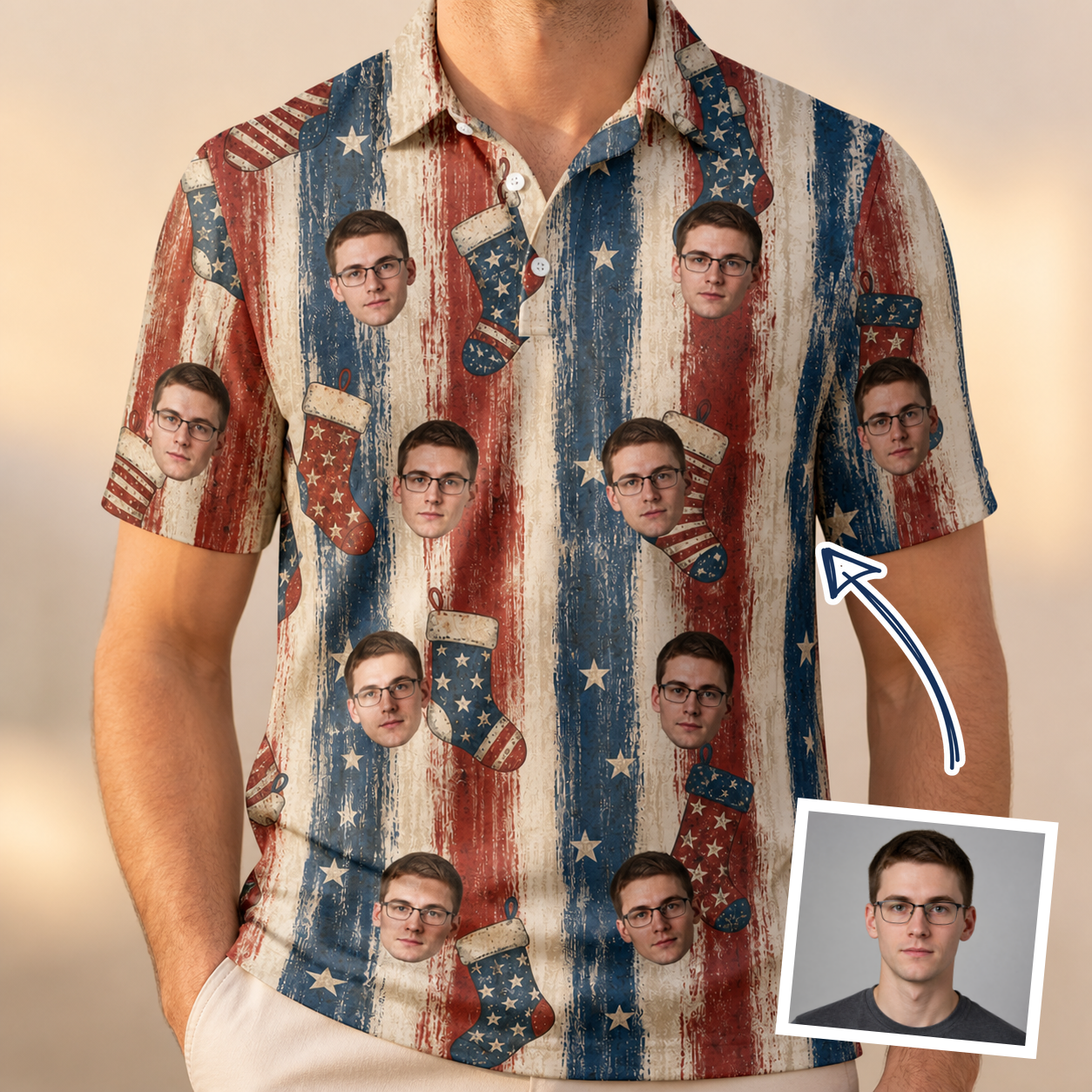 Man wearing Men's Christmas Cuffs Custom Face Polo Shirt — custom faces printed all-over