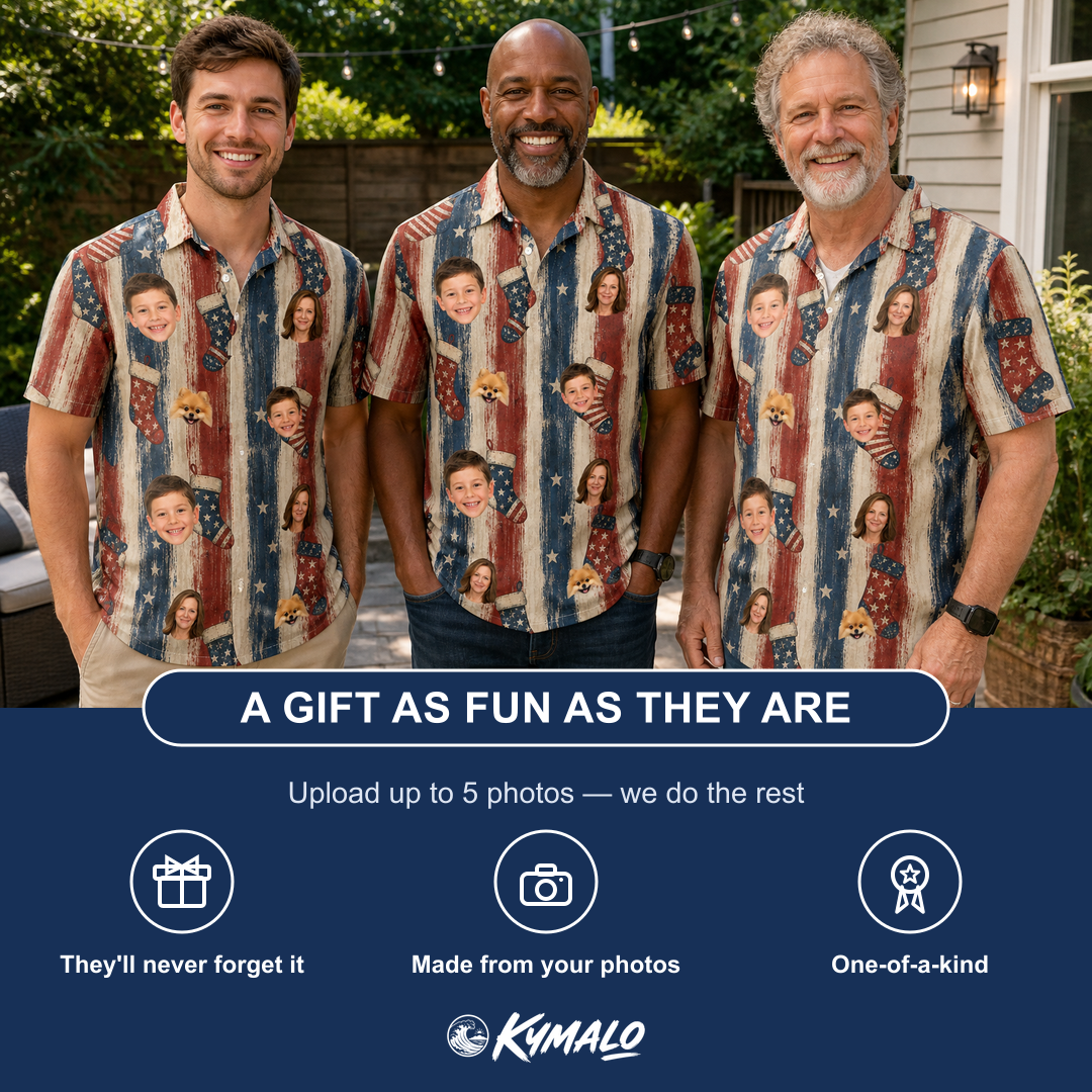 Friends in matching Men's Christmas Cuffs Custom Face Polo Shirt — a group gift photo