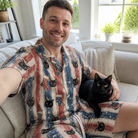Selfie with the pet whose face is printed all over this Men's Christmas Cuffs Custom Cat Face Shirt & Shorts Set