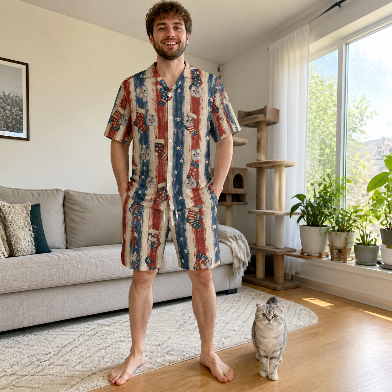 Full-length photo with the pet printed all over this Men's Christmas Cuffs Custom Cat Face Shirt & Shorts Set