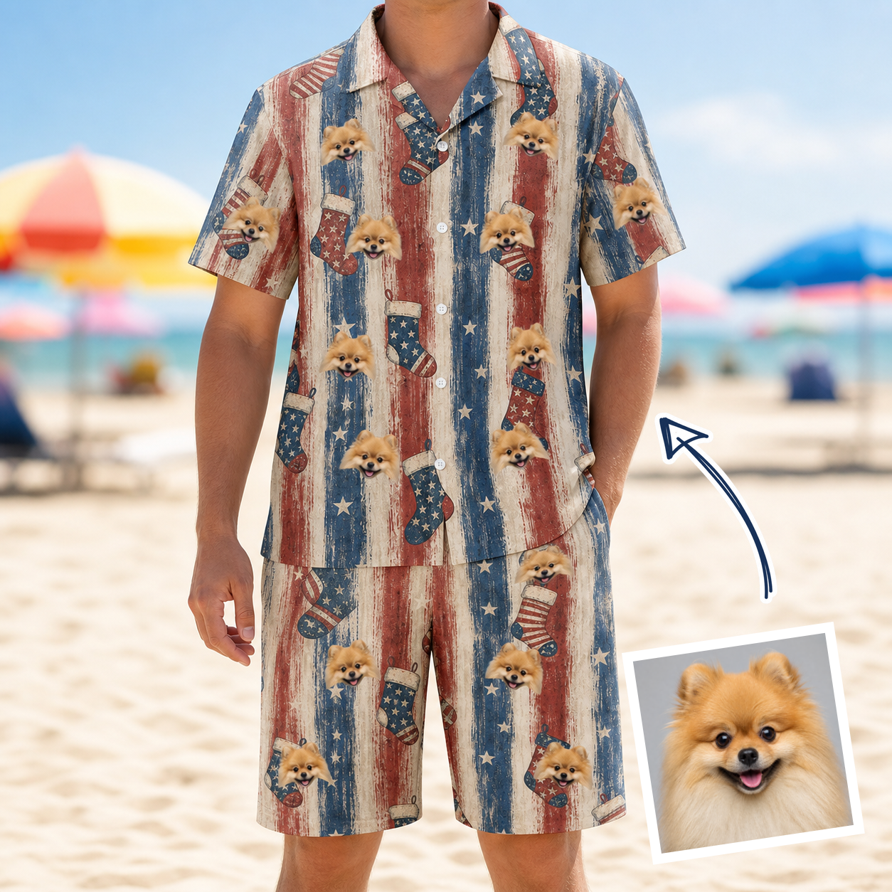 Man wearing Men's Christmas Cuffs Custom Dog Face Shirt & Shorts Set — custom faces printed all-over
