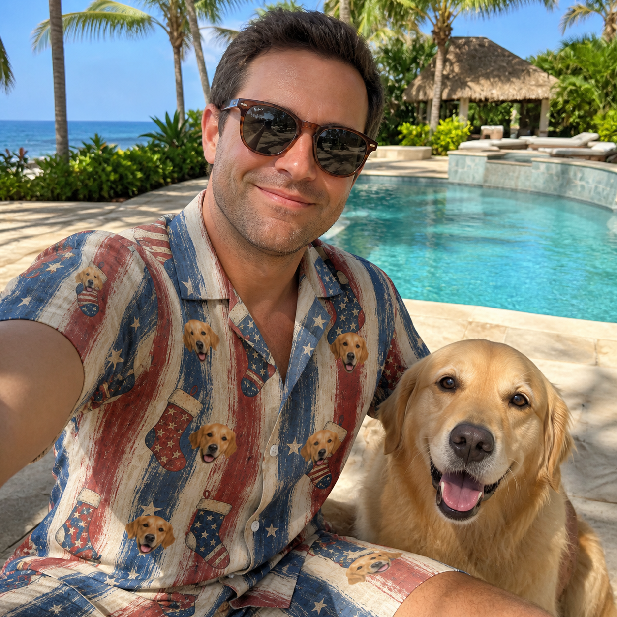 Selfie with the pet whose face is printed all over this Men's Christmas Cuffs Custom Dog Face Shirt & Shorts Set