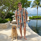 Full-length photo with the pet printed all over this Men's Christmas Cuffs Custom Dog Face Shirt & Shorts Set