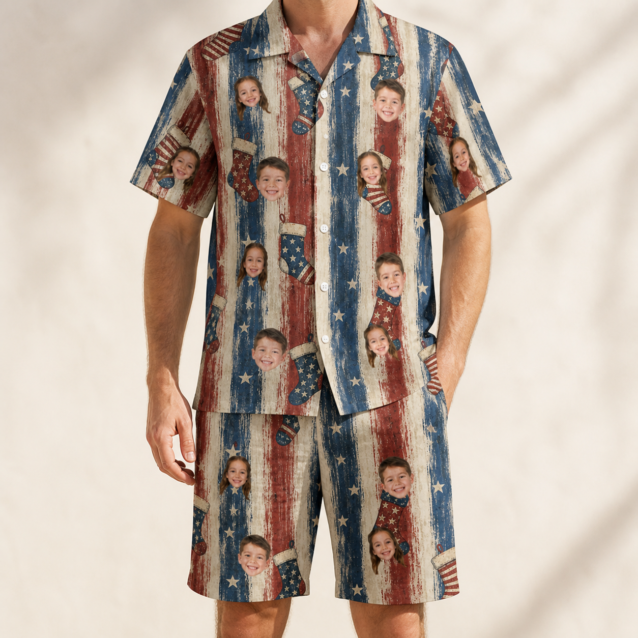 Model wearing Men's Christmas Cuffs Custom Face Shirt & Shorts Set printed with kids' faces