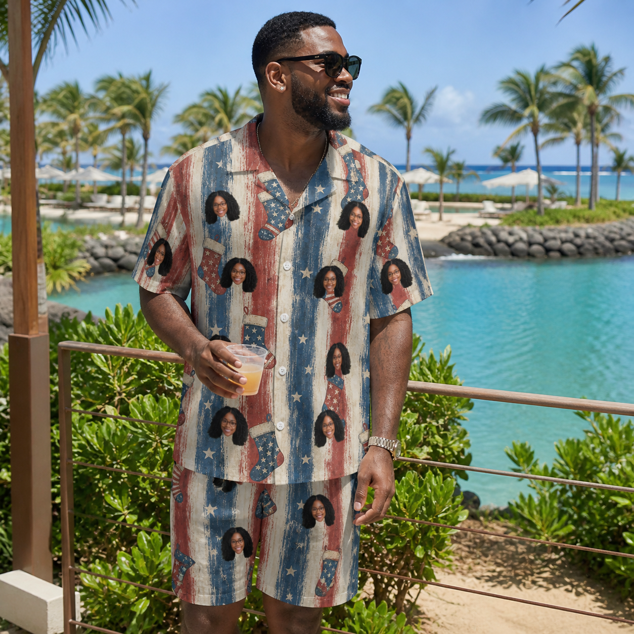 Real-life photo of someone wearing Men's Christmas Cuffs Custom Face Shirt & Shorts Set — custom faces printed all-over