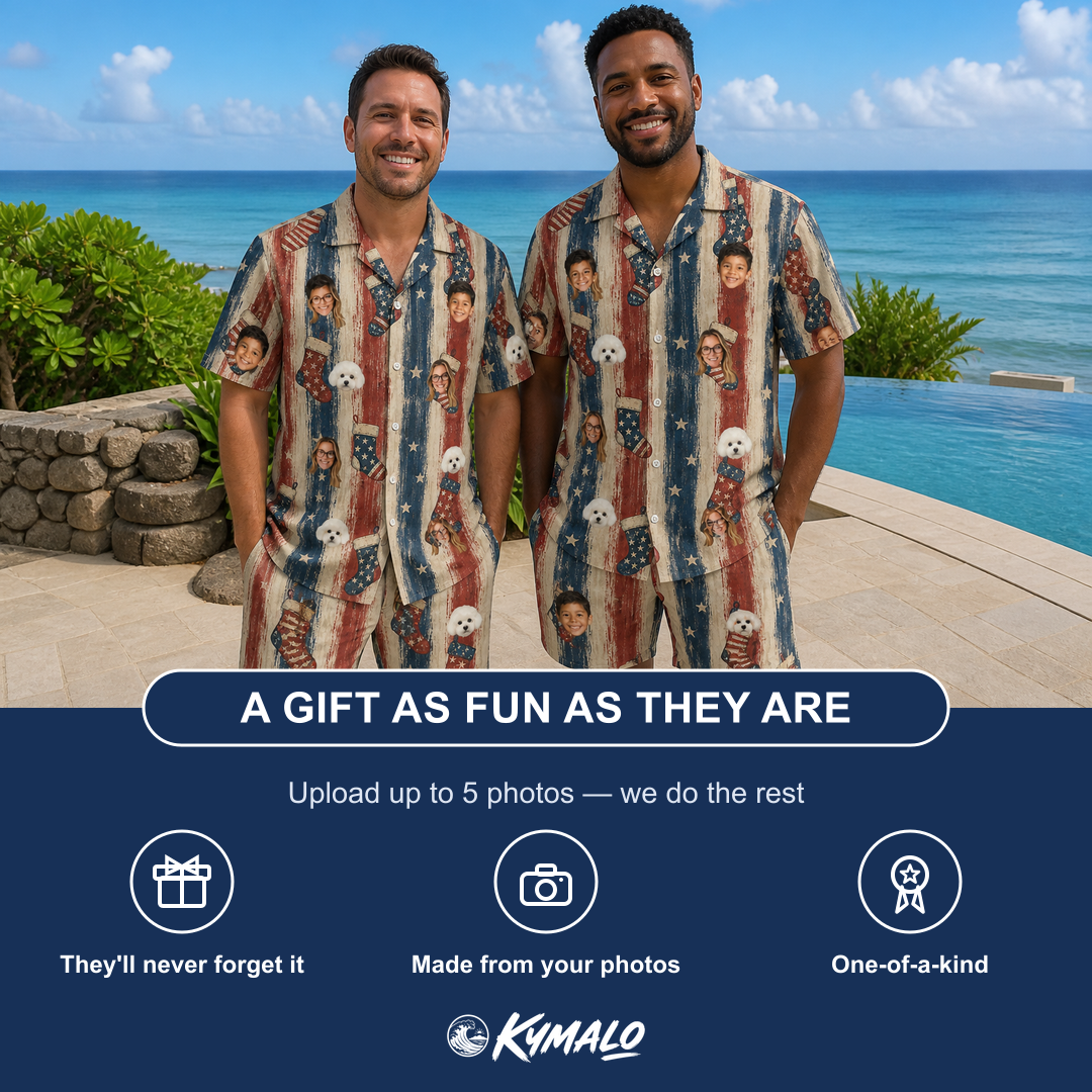Friends in matching Men's Christmas Cuffs Custom Face Shirt & Shorts Set — a group gift photo