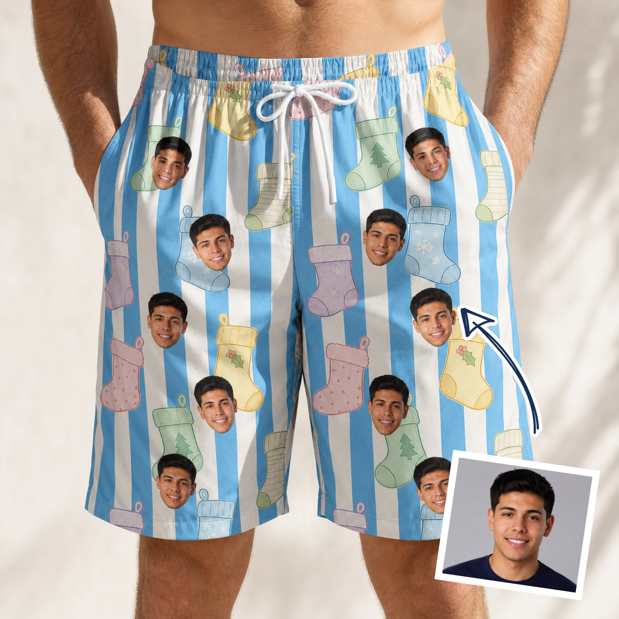 Man wearing Men's Mantel Munchkins Custom Face Beach Shorts — custom faces printed all-over
