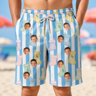 Model wearing Men's Mantel Munchkins Custom Face Beach Shorts printed with kids' faces