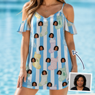 Woman wearing Women's Mantel Munchkins Custom Face Off-Shoulder Dress — custom faces printed all-over