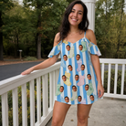 Real-life photo of someone wearing Women's Mantel Munchkins Custom Face Off-Shoulder Dress — custom faces printed all-over