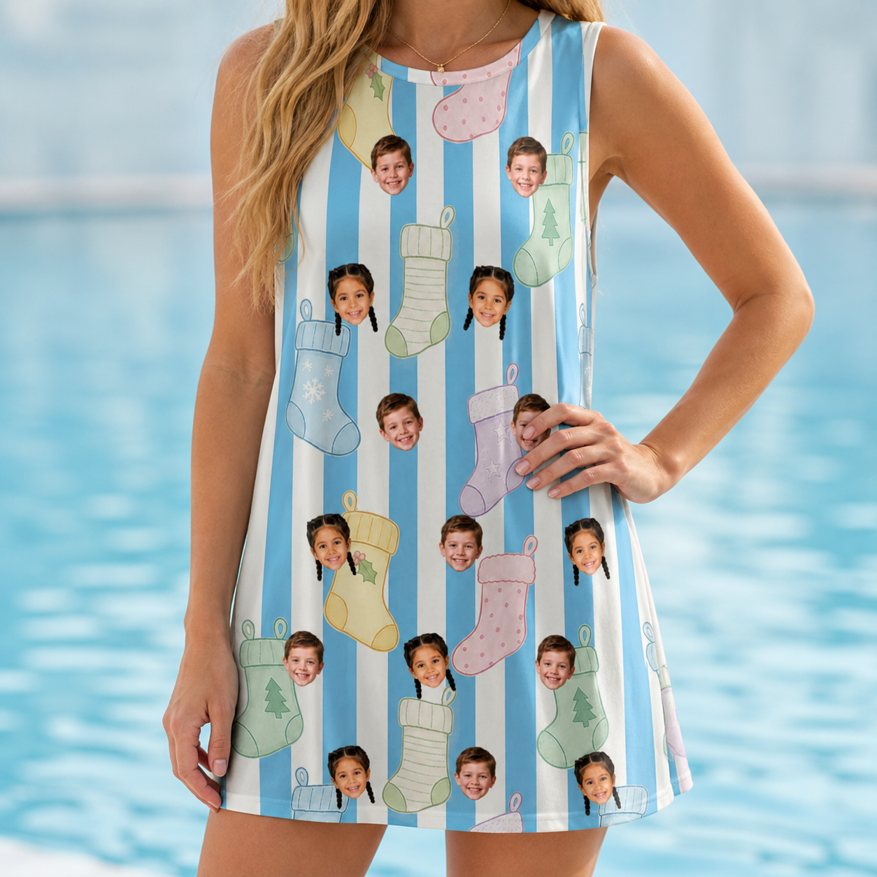 Model wearing Women's Mantel Munchkins Custom Face Tank Dress printed with kids' faces