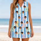 Model wearing Women's Mantel Munchkins Custom Face V-Neck Dress printed with kids' faces