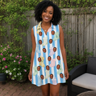 Real-life photo of someone wearing Women's Mantel Munchkins Custom Face V-Neck Dress — custom faces printed all-over