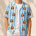 Man wearing Men's Mantel Munchkins Custom Face Hawaiian Shirt open over a white tee