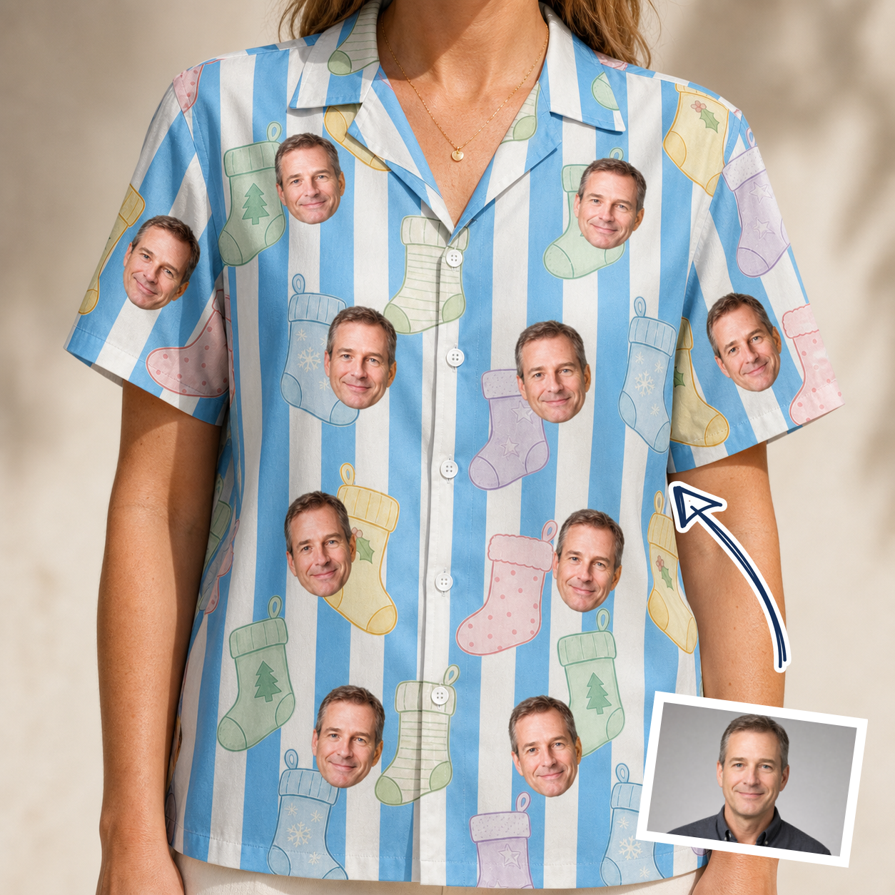 Woman wearing Women's Mantel Munchkins Custom Face Hawaiian Shirt — custom faces printed all-over