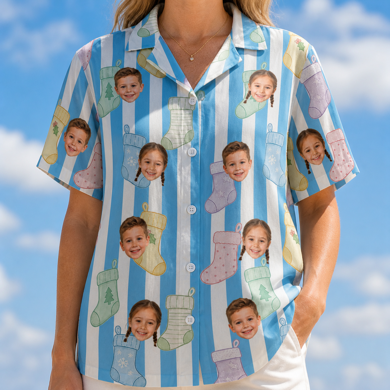 Model wearing Women's Mantel Munchkins Custom Face Hawaiian Shirt printed with kids' faces
