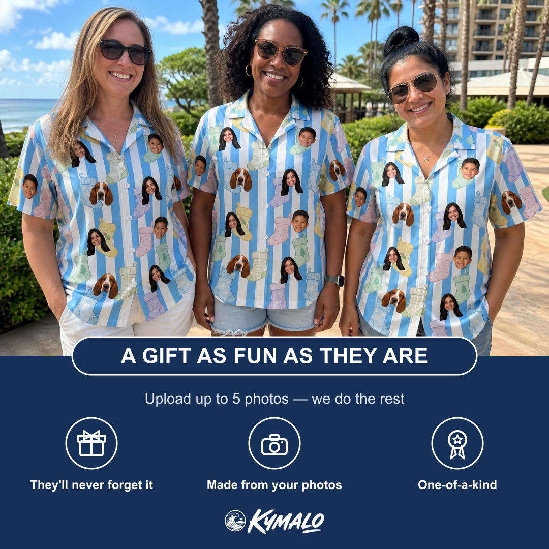 Friends in matching Women's Mantel Munchkins Custom Face Hawaiian Shirt — a group gift photo