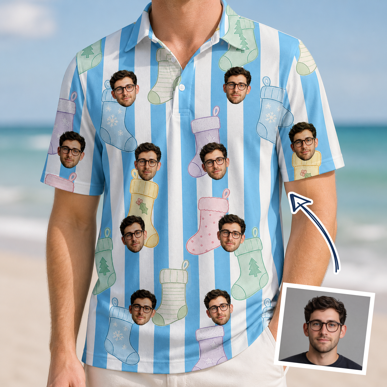 Man wearing Men's Mantel Munchkins Custom Face Polo Shirt — custom faces printed all-over